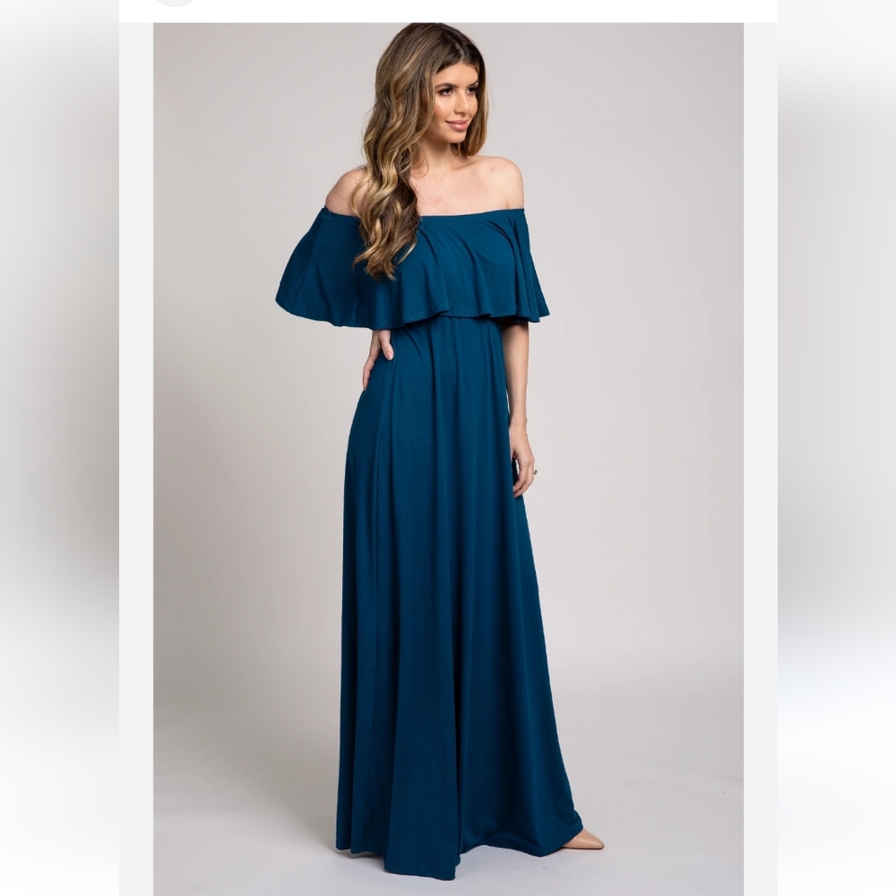 Pink Blush Teal Off Shoulder Maxi Dress L